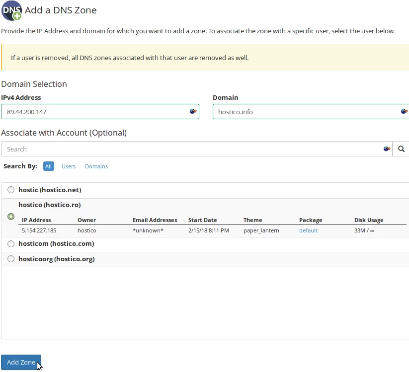 Completare date in zona add DNS